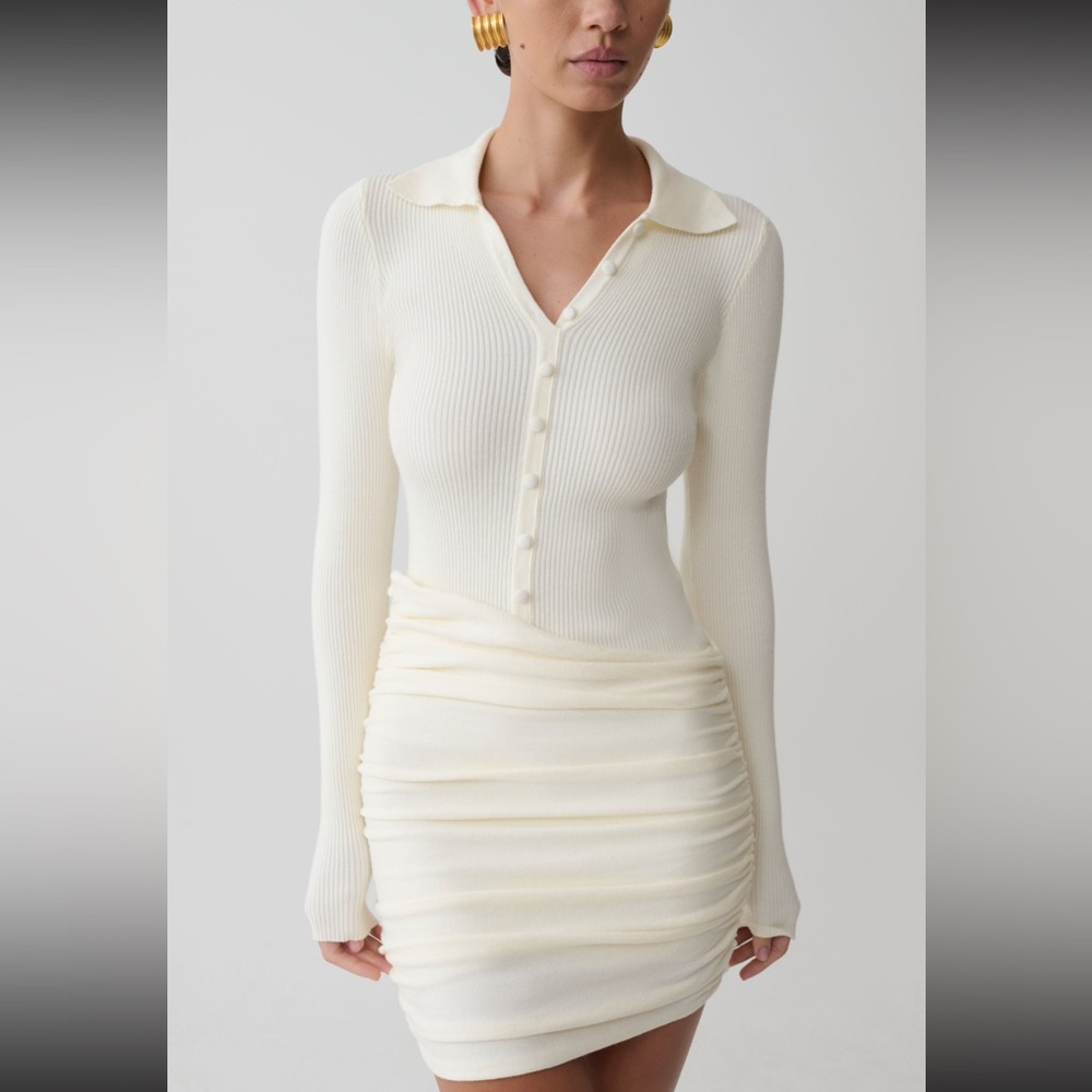 Meshki Agness Long Sleeve Button Up Knit Dress - Ivory - XS